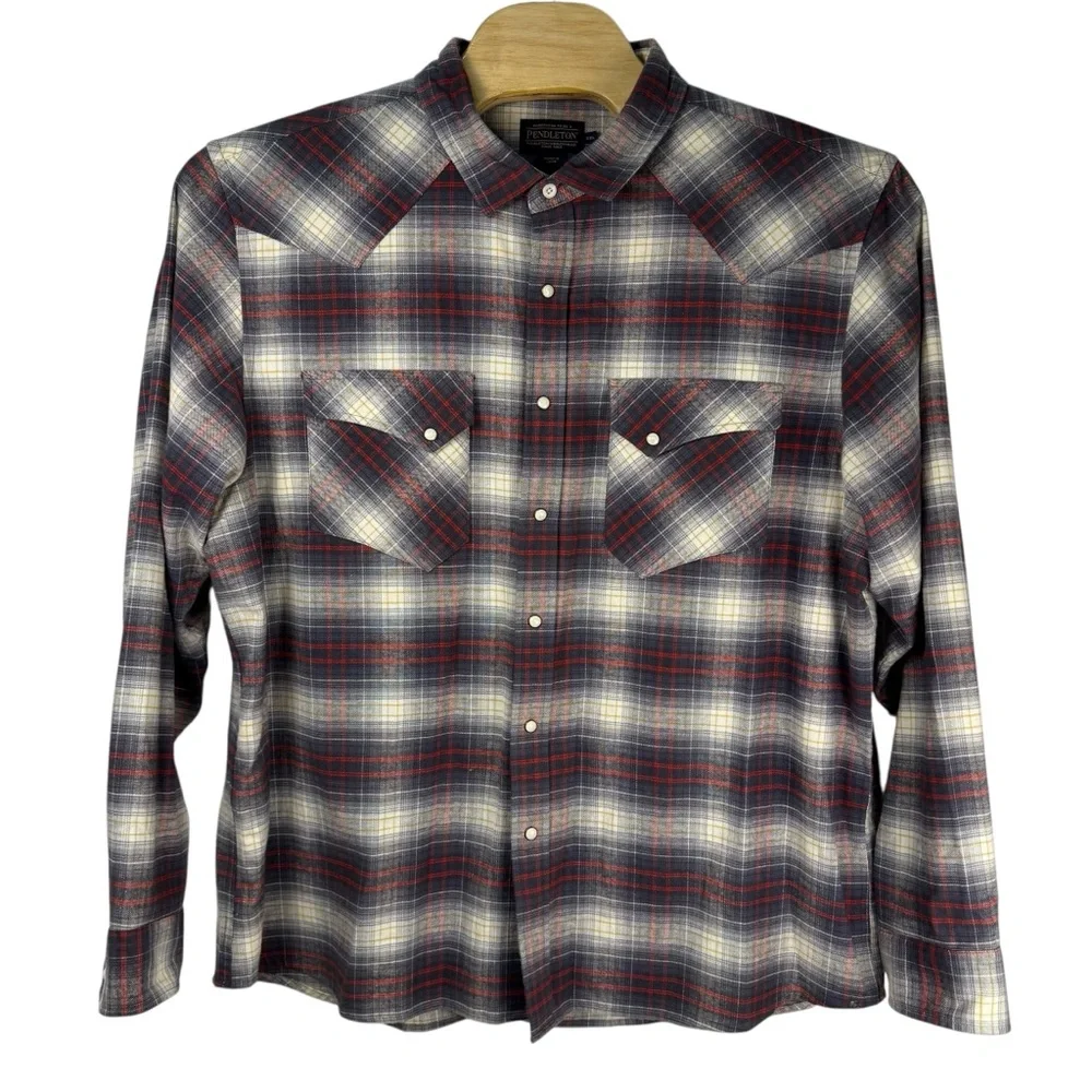 Pendleton‎ Pearl Snap Flannel Shirt Men’s XXL Red Grey Plaid Western Button Up